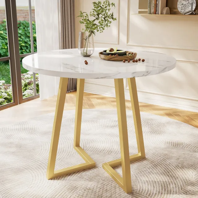 DESMIU Eettafel - Ronde Tafel Met Marmorlook En Stevig Metaal Onderstel - Voor Eetkamer Woonkamer En Werkkamer - MDF - Wit - 80x75 Cm Goud