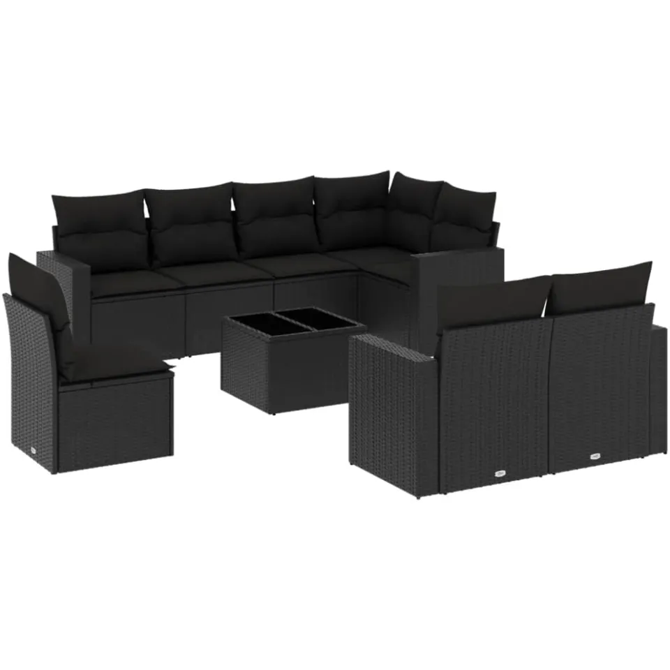 vidaXL 9-delige Loungeset met kussens poly rattan zwart