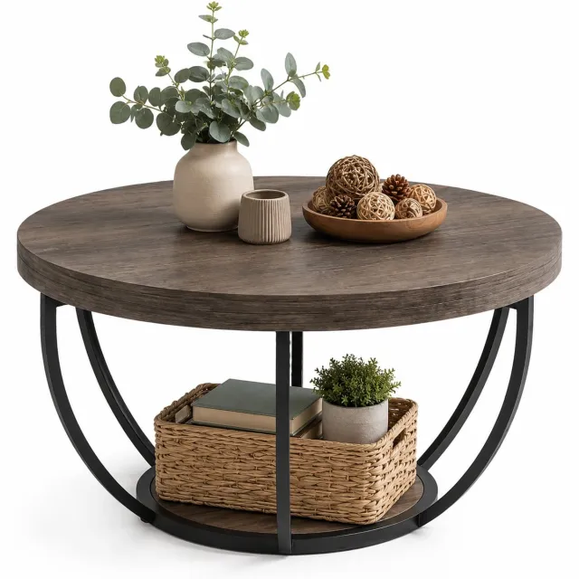 WUVRIE Ronde salontafel Ø 80 cm - 2-laags met metalen onderstel - Grijs