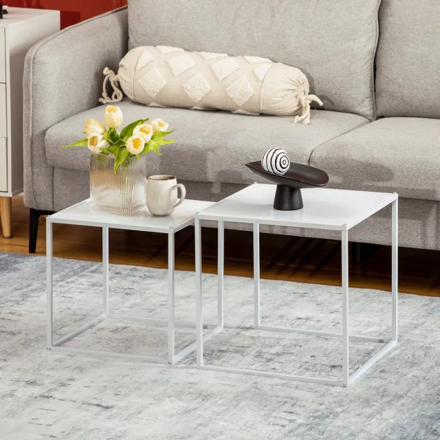 MODFU 2-delige set salontafels, vierkant, staalframe, wit, modern ontwerp, tot 10 kg belasting, voor woonkamer