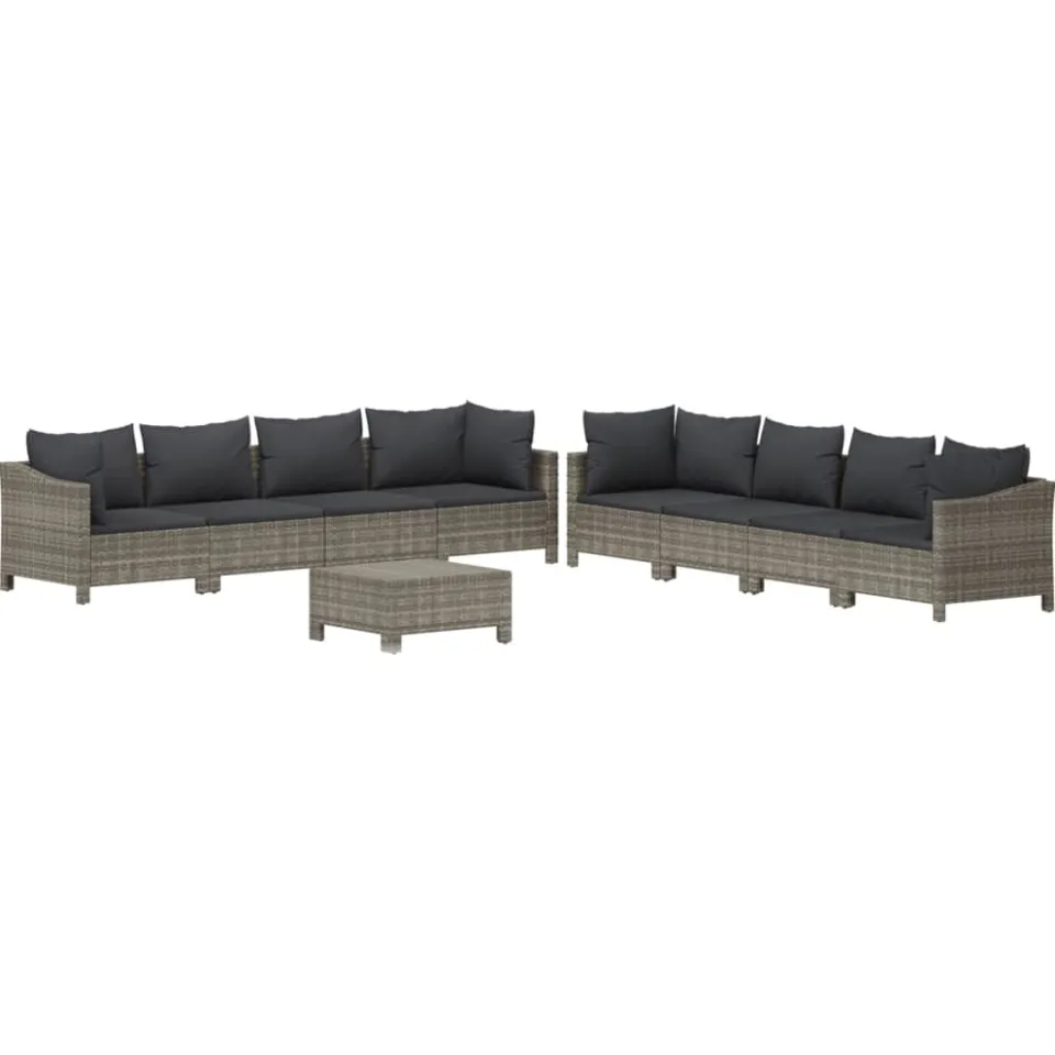 vidaXL 9-delige Loungeset met kussens poly rattan grijs