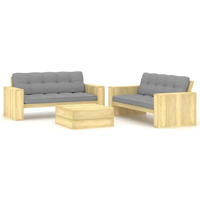 vidaXL 3-delige Loungeset met kussens geïmpregneerd grenenhout Grijs