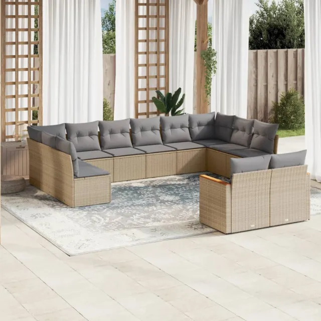 vidaXL 12-delige Loungeset met kussens poly rattan beige, foto 2