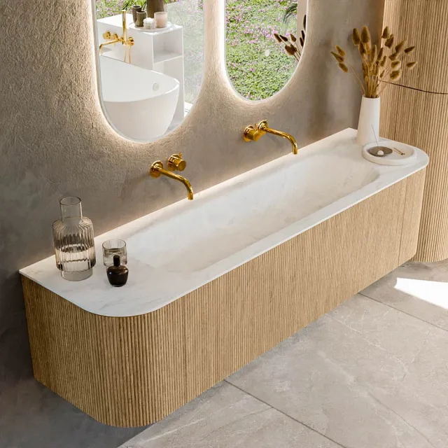Mondiaz KURVE-DLUX 170 cm Onderkast Greeploos 1 Lade Met Deuren Oak, Wastafel Solid Surface Midden Opalo 0 Kraangaten Zonder Spiegel (KRVBGL170L+R1L2D0KM-Oak/Opa)