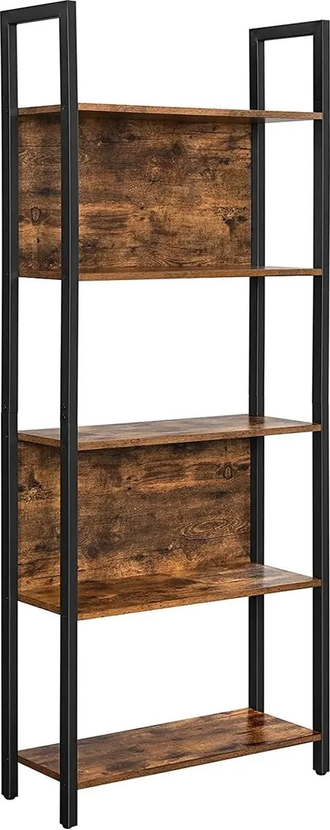 FurnStar Boekenkast - Opbergplank - Keukenkast - 5 Niveaus - Stabiel Stalen Frame - Voor Kantoor, Entree, Woonkamer - Industriële Stijl - Rustiek Bruin en Zwart - 62 x 24 x 165 cm