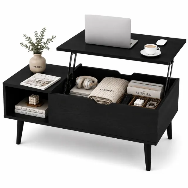 ITRONIQ Salontafel Zwart Met Opbergruimte en Lift Top - Multifunctionele Salontafel 99x50 CM - Coffee Table Modern Design