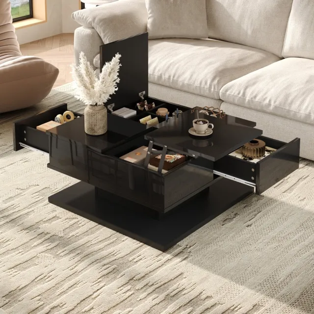 HAUSS SPOLE Salontafel - Verstelbaar Blad Met Opbergruimte En Twee Lades - Ledverlichting Voor Woonkamer - Spaanplaat En Mdf - 72x72x35 Cm - Zwart