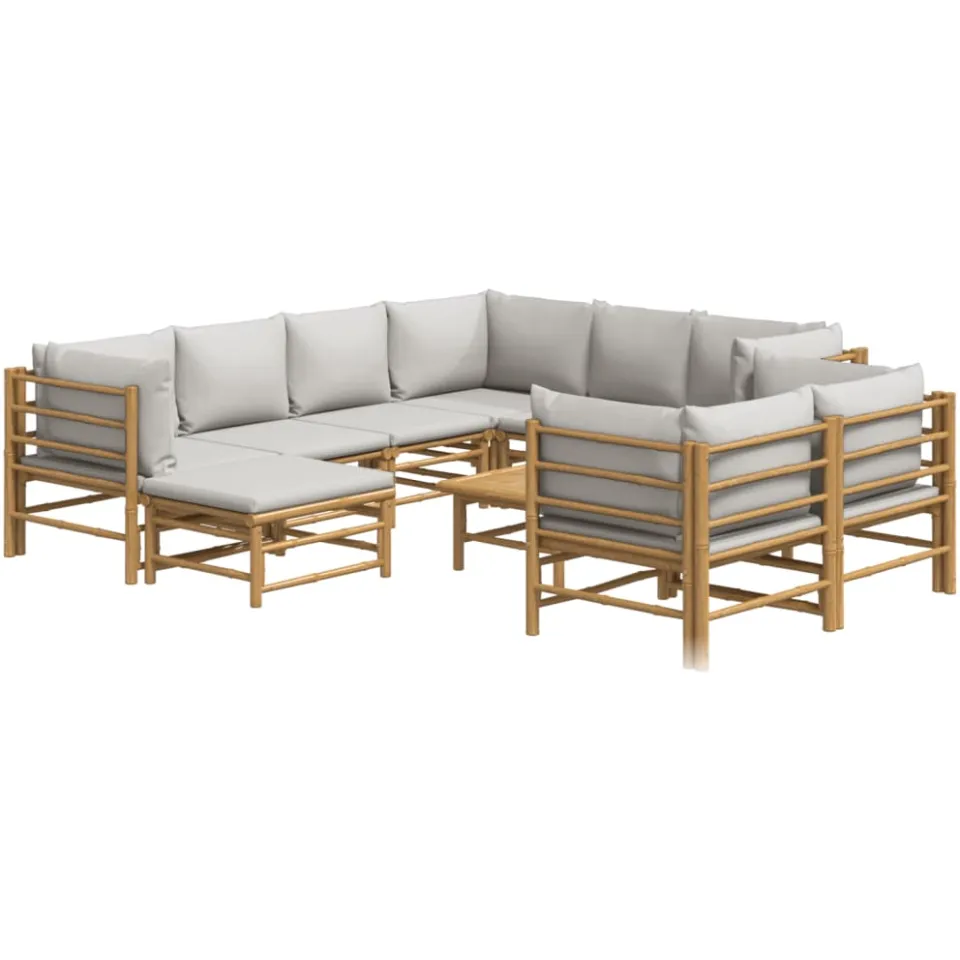 vidaXL 10-delige Loungeset met lichtgrijze kussens bamboe Bruin