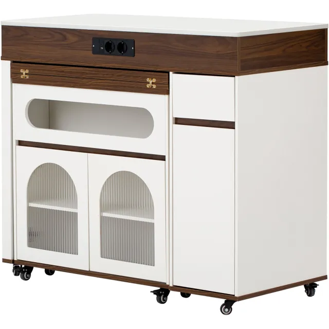 MUVANO Keukeneiland op wielen met uitschuifbare eettafel, stopcontacten, lade en geribbeld glas, wit met walnootlook