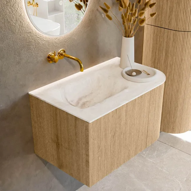 Mondiaz KURVE-DLUX 75 cm Onderkast Greeploos 1 Lade Met Deuren Oak, Wastafel Solid Surface Links Frappe 0 Kraangaten Zonder Spiegel (KRVGRU75R1L1D0KL-Oak/Fra)