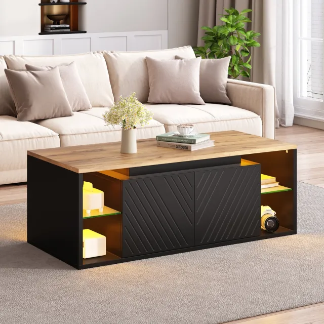 MODFU Salontafel - LED-Verlichting En Opbergruimte - Modern - Zwart - 100 X 50 X 41 Cm