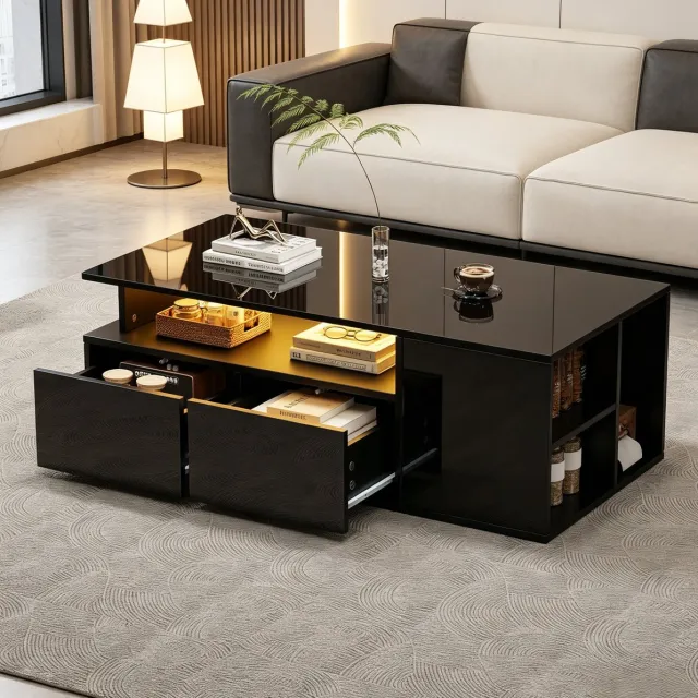 MEUNIQ Salontafel 100 x 50 x 35 cm met LED-verlichting, app-bediening, 2 lades, open vakken en zijvakken voor opbergruimte in de woonkamer, zwart hoogglans