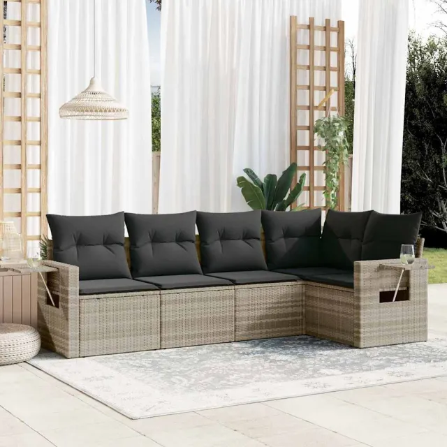 vidaXL 5-delige Loungeset met kussens poly rattan lichtgrijs grijs, foto 2