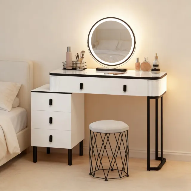 MIVRAY Kaptafel - Met Dimbare Verlichte Spiegel En 5 Lades - Voor Slaapkamer Of Kleedruimte - Zwart Wit - 125x40x100 Cm
