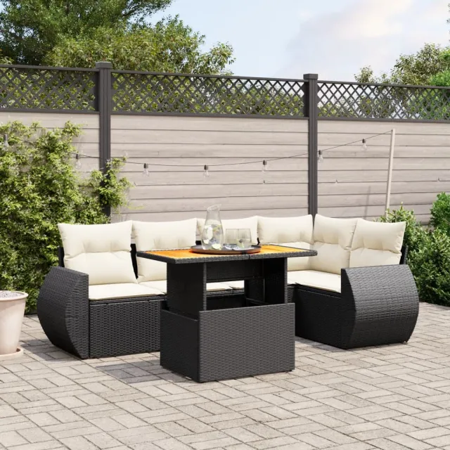 vidaXL 6-delige Loungeset met kussens poly rattan zwart, foto 2