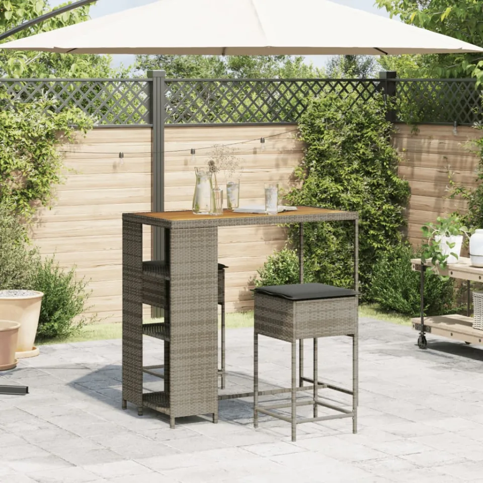 vidaXL 3-delige Tuinbarset met kussens poly rattan grijs, foto 3