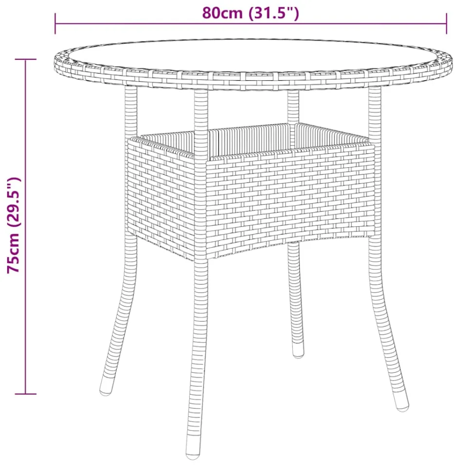 vidaXL Tuintafel Ø80x75 cm gehard glas en poly rattan beige, foto 3
