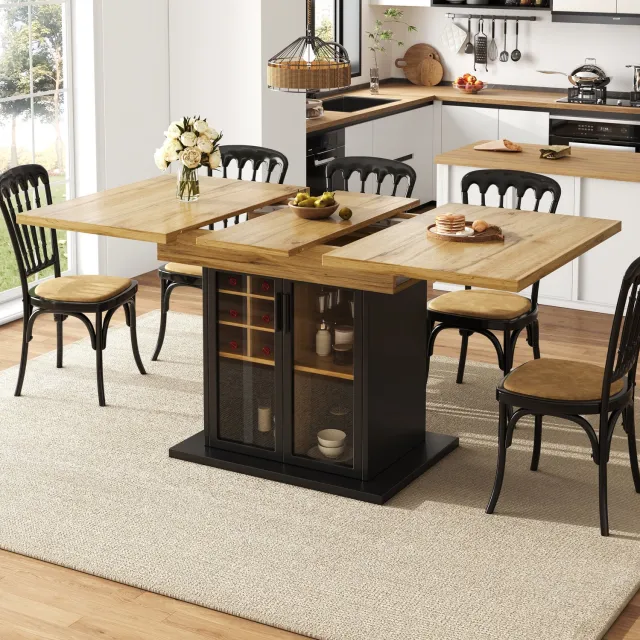 Maisentiel Uitschuifbare eettafel 110-140 x 80 cm - Zwart met houtlook blad en wijnrek Bruin