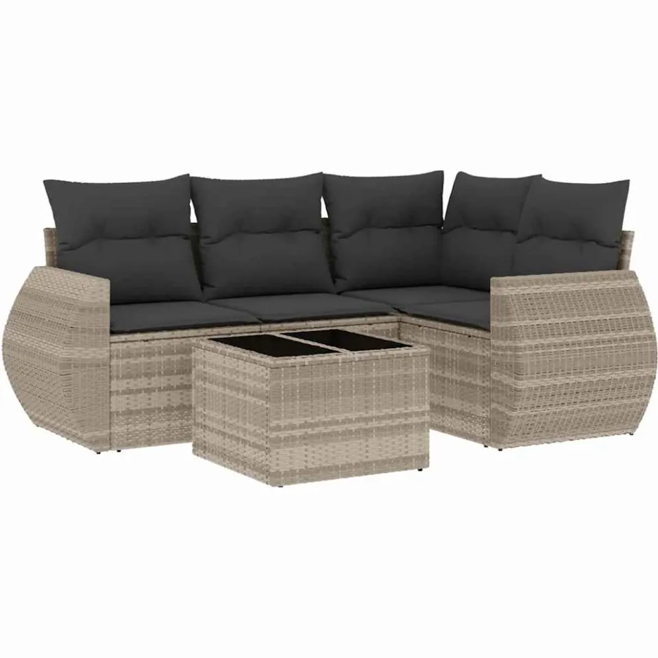 vidaXL 5-delige Loungeset met kussens poly rattan lichtgrijs