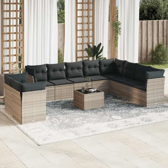 vidaXL 11-delige Loungeset met kussens poly rattan lichtgrijs grijs, foto 2