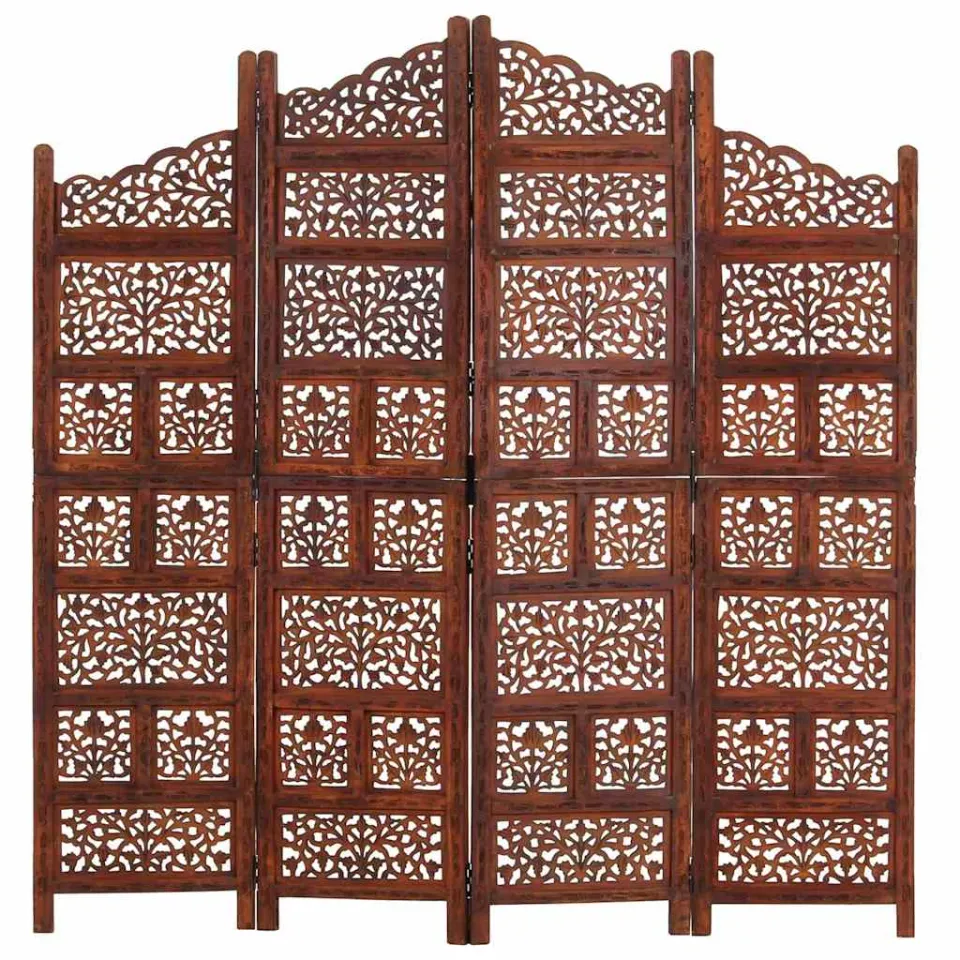 vidaXL Kamerscherm 4 panelen handgesneden 160x165 cm mangohout bruin, foto 3