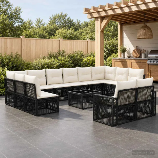 vidaXL Tuinbankenset 13 st 12-zits Zwart en Cream Wit poly rattan, foto 2