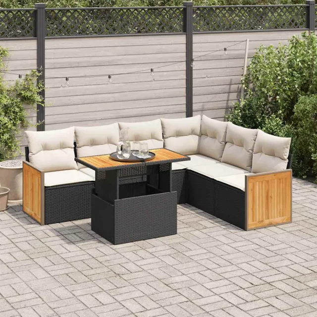 vidaXL 7-delige Loungeset met kussens poly rattan acacia zwart, foto 2