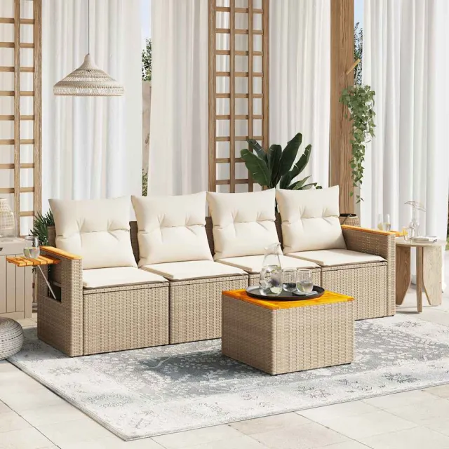 vidaXL 5-delige Loungeset met kussens poly rattan beige, foto 2