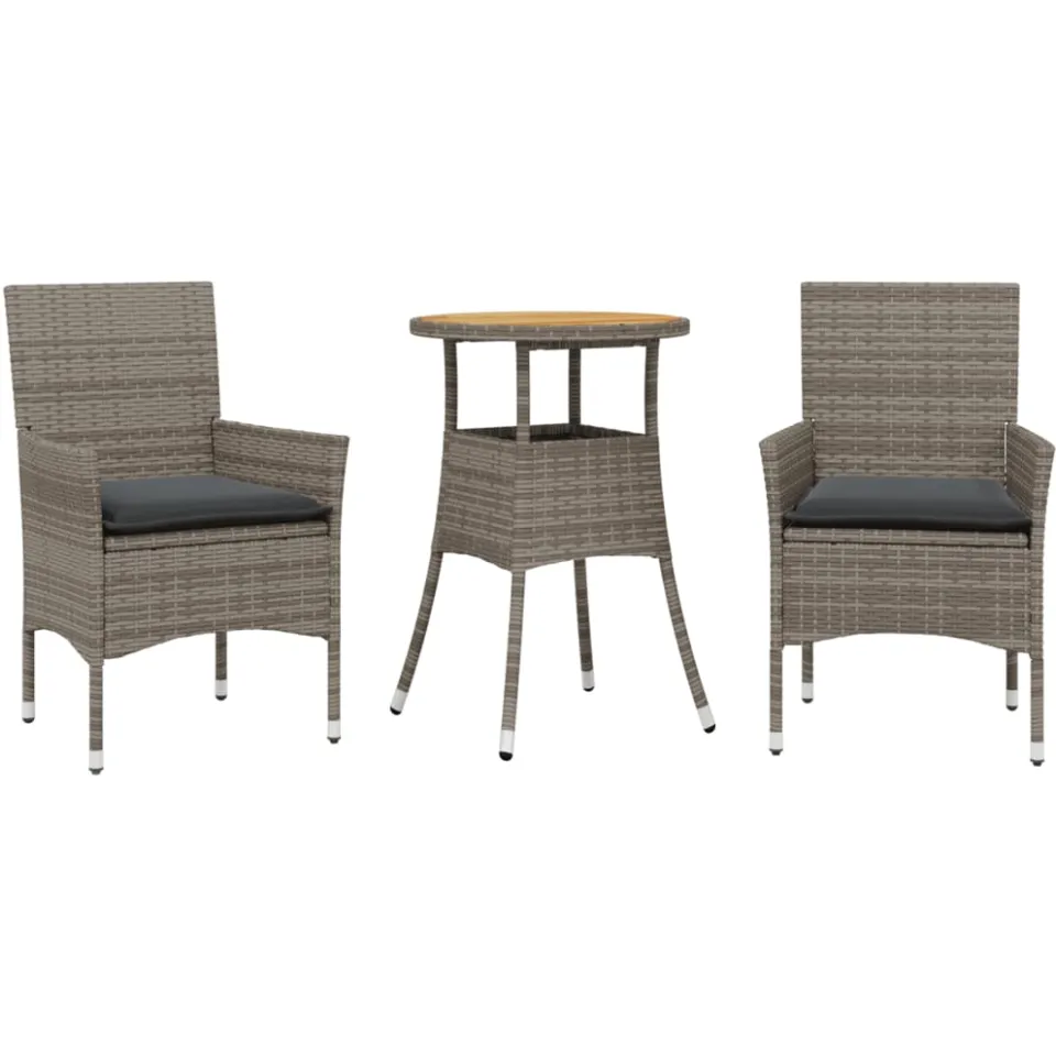 vidaXL 3-delige Tuinset met kussens poly rattan en acaciahout grijs, foto 3