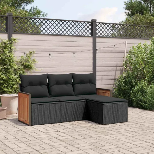 vidaXL 4-delige Loungeset met kussens poly rattan zwart, foto 2