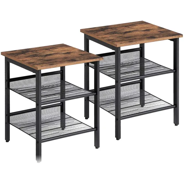 MrMarketplace Bijzettafels - Set Van 2 - Industrieel - 2 Verstelbare Planken - Nachtkastjes - Rustiek Bruin - 40 x 40 x 55 cm
