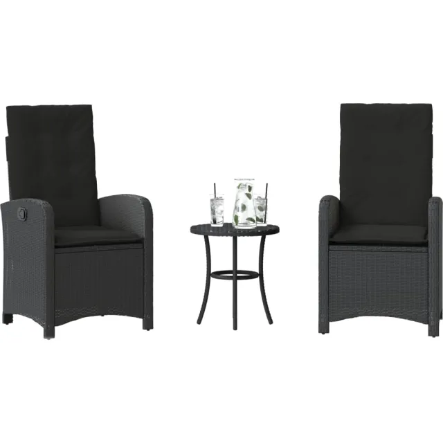 vidaXL 3-delige Bistroset met kussens poly rattan zwart