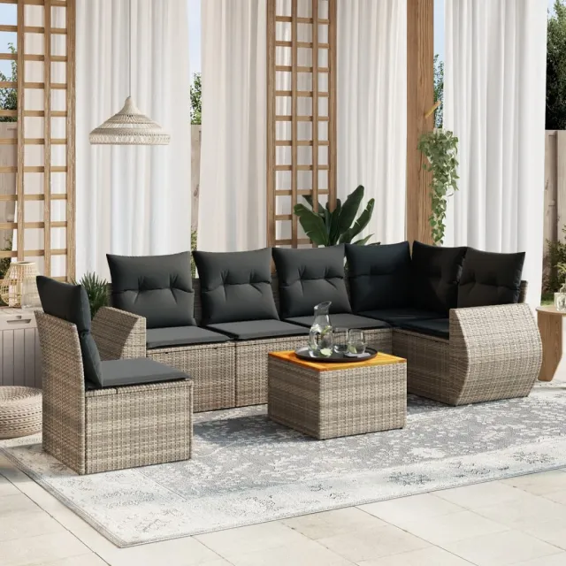 vidaXL 7-delige Loungeset met kussens poly rattan grijs, foto 2