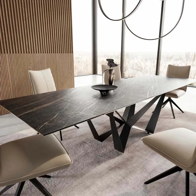 DELIFE Eetkamertafel Edge keramiek Laminam®Noir Desir bruin 200-300x100 spider vlak staal zwart uitschuifbaar