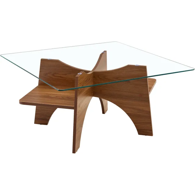 MUVANO Vierkante glazen salontafel 80 x 80 cm - Bijzettafel met opbergvak - Veiligheidsglas en diagonaal MDF-onderstel - Woonkamer - Walnootlook