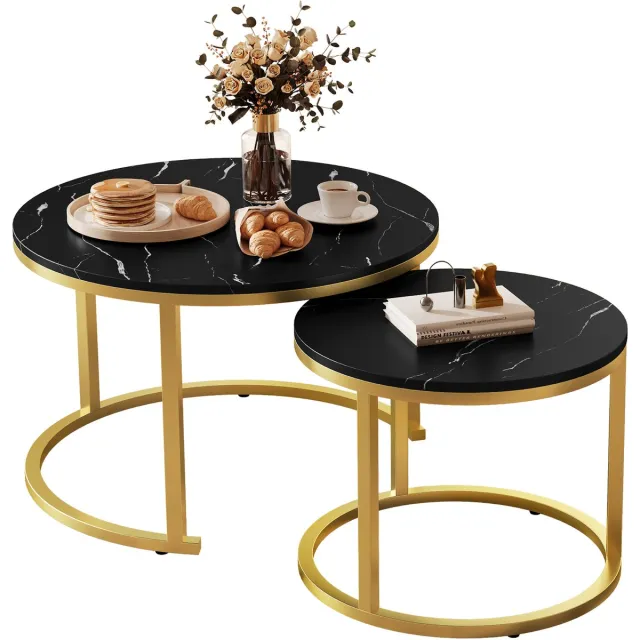Hiazurm Salontafel - Salontafel Rond - Bijzettafel Set van 2 - Marmerlook - Metalen Frame - Moderne Salontafel - Woonkamer Tafel - Slaapkamer Tafel - Zwart