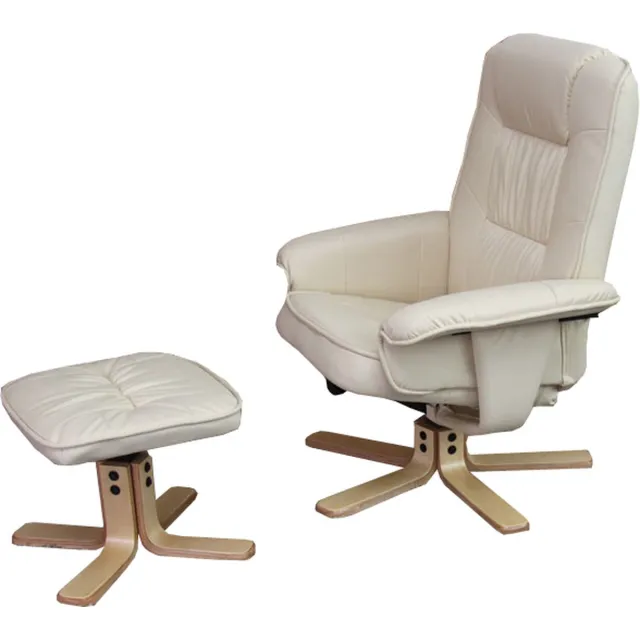 Cosmo Casa Relaxstoel - TV Stoel met Ottoman - Kunstleer - Eucalyptus Hout - Crème