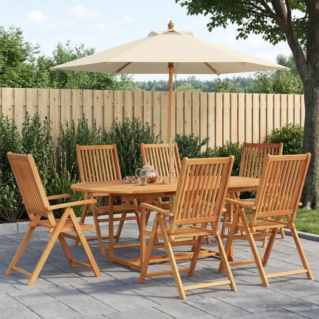 vidaXL Buiten Eetset met Parasol 8 st 6-zits Crème Wit en Natuurlijk