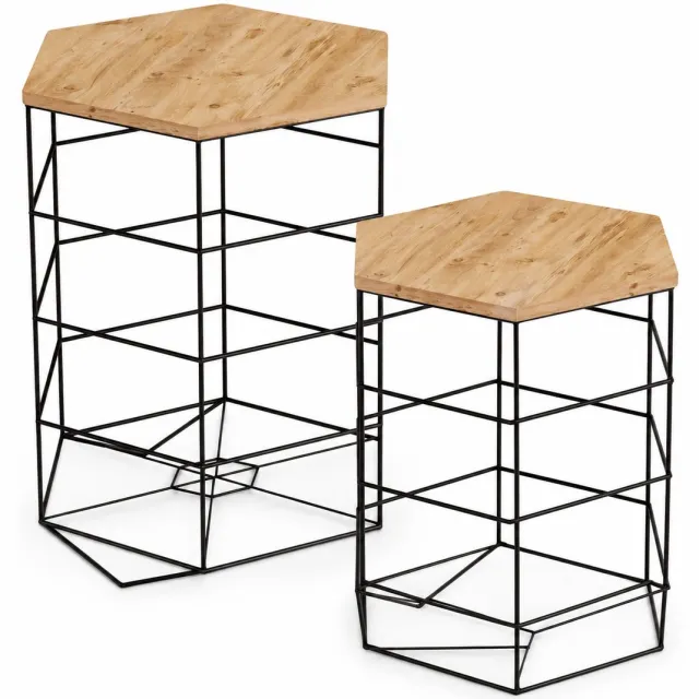 Naturn Living Hexagon Bijzettafel Set van 2 – Zwarte Metalen Draadmand Tafels met Afneembaar Houten Blad – Salontafels met Opbergruimte voor Woonkamer en Slaapkamer – Mat Zwart/Bruin