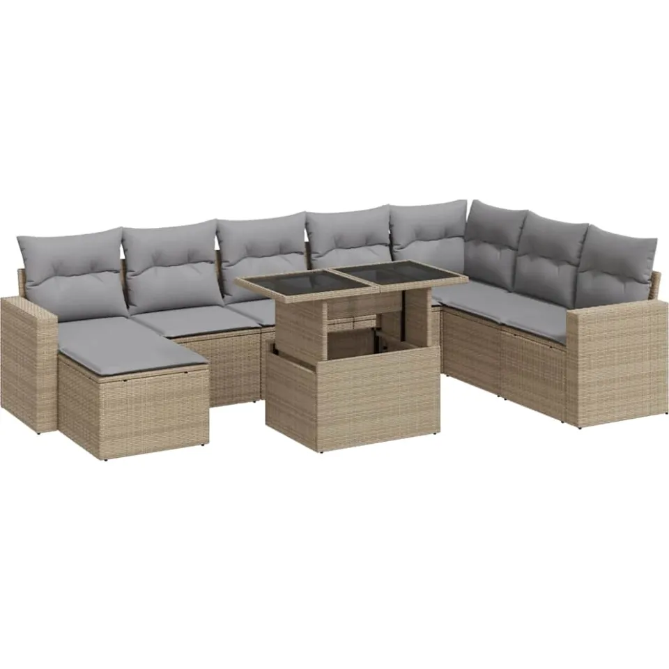 vidaXL 9-delige Loungeset met kussens poly rattan beige, foto 3