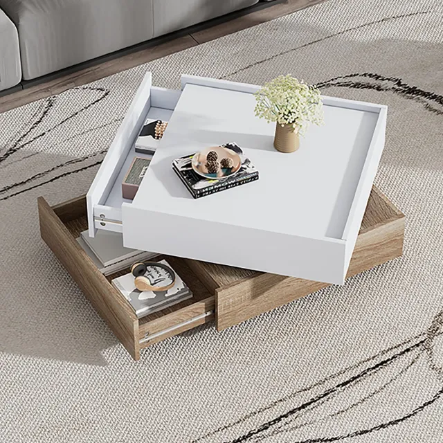 MIVRAY Salontafel - 360 Graden Draaibaar Met 2 Lades En 2 Niveaus - Voor Woonkamer Of Kantoor - Spaanplaat - 60x60x38 Cm - Wit Walnoot
