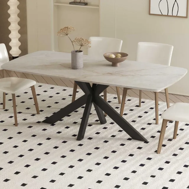 Rousseau Apollo Eettafel – 180 x 90 cm – Deens Ovaal – Glanzend Beige Stenen Blad met Marmerlook – Zwarte Matrixpoot
