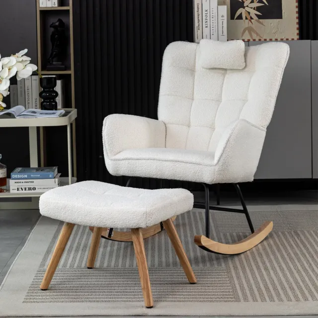 MODFU Schommelstoel - Met Hocker En Hoofdkussen - Bouclé-Stof - Wit - 92 Cm