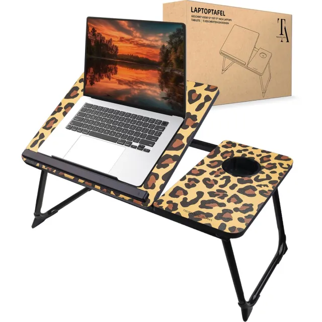 TrueLogic Alpha Bedtafel - Laptoptafel - Laptop standaard - Voor laptops t/m 17 inch - Ontbijttafel - Ontbijt op bed - Leopard Luxe Lichtbruin & Zwart