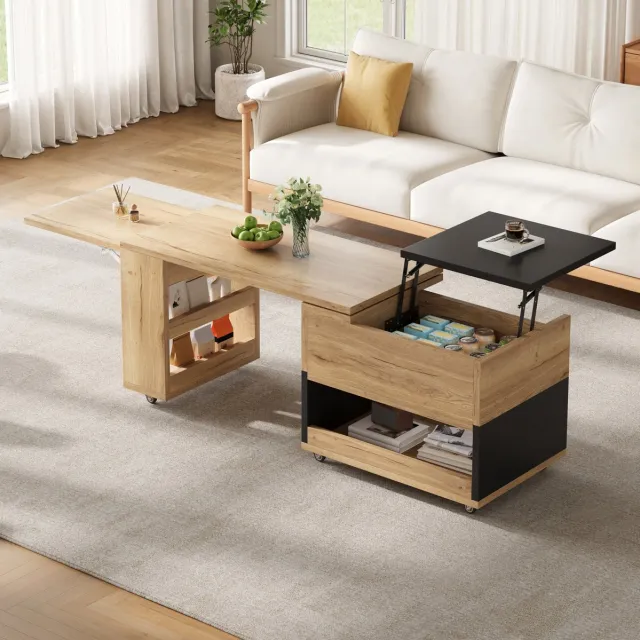 STILVORA Salontafel Uitschuifbaar Met Opklapbaar Tafelblad En Opbergruimte, 360° Draaibaar Zij-element, Rollen, Modern, Naturel Zwart, 161,5x46x67 Cm Naturel+Zwart