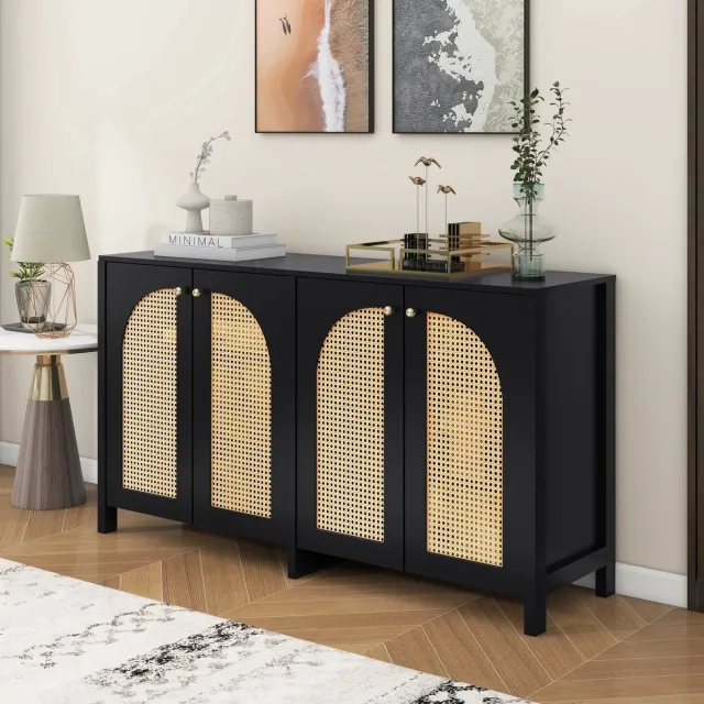 COVREO Buffetkast 145 x 40 x 80 cm - 4 deuren met kunst-rattan, verstelbare plank, zwart