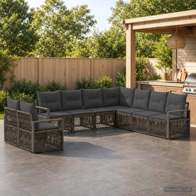 vidaXL Tuinbankenset 9 st 9-zits Grijs poly rattan, foto 2