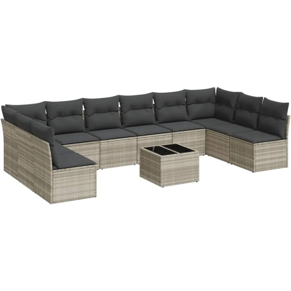 vidaXL 11-delige Loungeset met kussens poly rattan lichtgrijs grijs