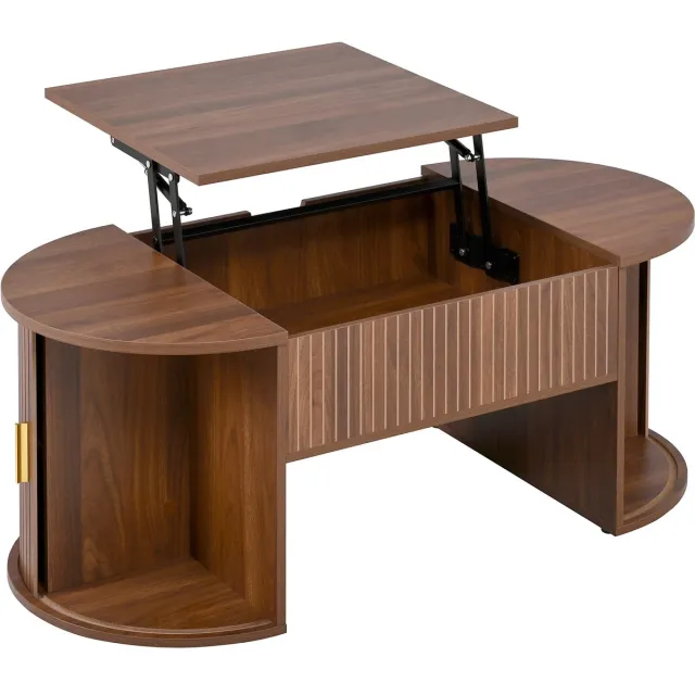 MODFU Salontafel 100×50×40,5 cm – Hoogte verstelbaar met schuifdeuren & open vakken – Ovaal retro design – Verborgen opbergruimte – MDF – Walnootkleur Okkernoot