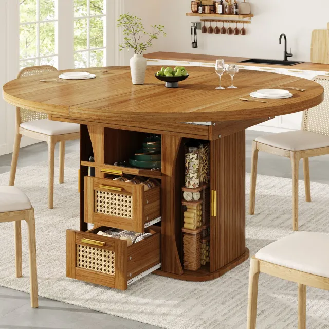 Merax Uitschuifbare eettafel met opbergruimte - met rieten lade - houtnerf uiterlijk - eik